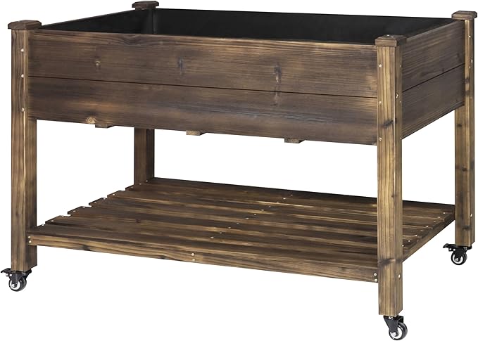VEIKOU 48x24x33in Cedar Raised Garden Bed Planter Raised Beds with Lockable Wheels Storage Shelf Raised Garden Beds Outdoor for Backyard Patio Balcony Rustic