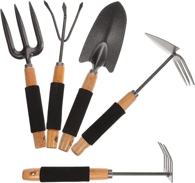 5pcs Ergonomic Garden Tool Set with Storage Rack Outdoor Planting Shovels and Rakes for Gardening and Soil Digging