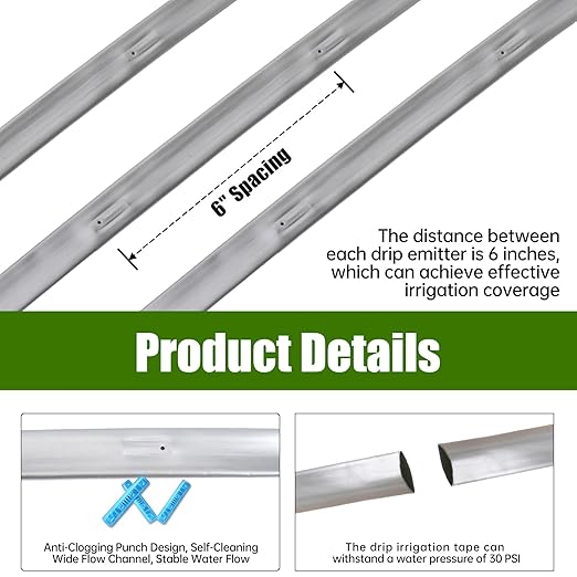 2000FT 5/8 Drip Tape Irrigation Kit 16 Mil Heavy Duty with 6 Emitter Spacing Silver Reflective Drip Tape Helps Prevent Pecking &amp Biting Damage Heat-Safe for Seedlings Reinforced PE Material