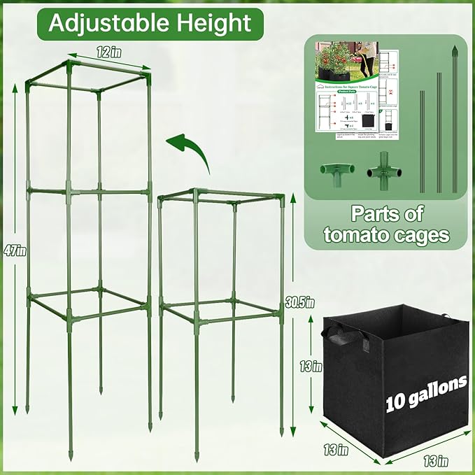 ANPHSIN 2 Sets Tomato Cages with 10 Gallon Grow Bags - 47'' Stable Plant Support Trellis Kit Square Cages with Planter Pots for Garden Flowers Vegetables Cucumber Vertical Climbing Plants Vines