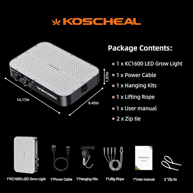 KOSCHEAL 2025 Upgrade KC1600 Dimmable Plant Grow Light with Yield LEDs3 Modes Grow Lights (Veg Bloom Veg+Bloom) 0-100% Dual Knob Dimming 2.9μmol/J PAR Daisy Chain Built-in Fan