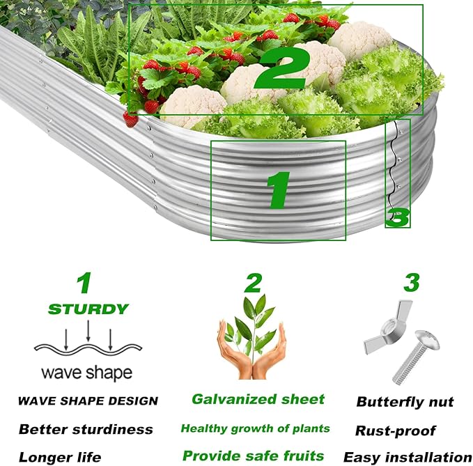 Raised Garden Bed GRS Certified Galvanized Planter Box Outdoor  6.5ft Oval Rot-Resistant Metal Garden Bed Planter Recycled Eco-Friendly Material Planter for Vegetables Flowers Herbs (Silver)
