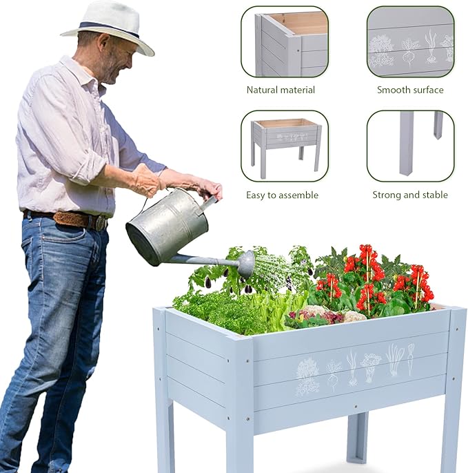 Kids Raised Garden Bed with DIY Chalkboard 30 x 24 x 18 Inch Wooden Elevated Raised Garden Bed for Kids Outdoor Planter Box with Legs for Vegetables Grass Lawn Yard Light Blue