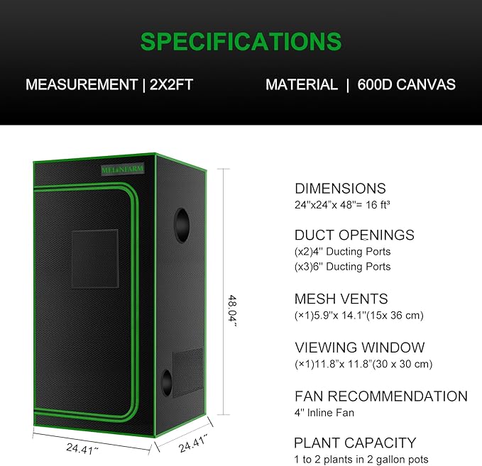 MELONFARM 2x2 Grow Tent 24x24x48'' High Reflective 600D Diamond Mylar Canvas with Observation Window and Floor Tray for Hydroponic Indoor Plant Growing