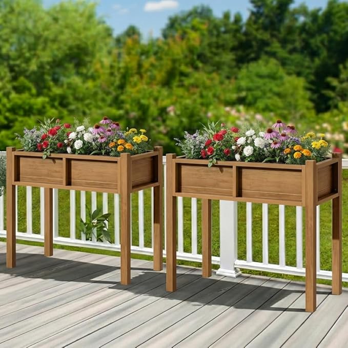 YITAHOME Elevated Garden Bed HDPE Raised Garden Bed with Legs &amp Drainage Hole Poly-Wood Weatherproof Elevated Planter Box Patio Planters for Vegetables Flowers Plant Bed for Garden Teak