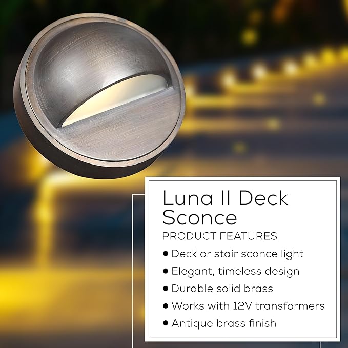 Light to Form® | Luxury Brass Luna II | Low-Voltage Deck &amp Step Light 3W | 12V AC | 2700K Bulb | Frosted Lens | Antique Brass Finish | Outdoor Landscape Sconce | Weather Resistant | Energy Efficie