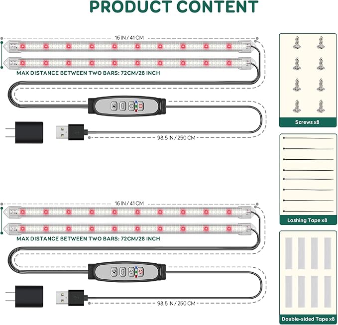 2-Bar Grow Light Strips for Indoor Plants 16 Full Spectrum Plant Lights 6500K Sunlike Grow Lights with 6/12/18H Timer 5-Level Dimmable for Indoor Growing (2 Pack)
