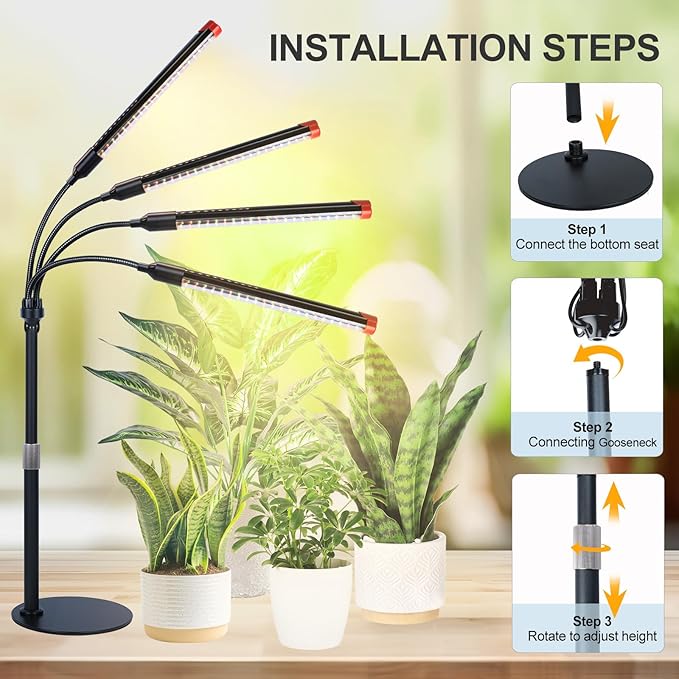 4Head Tabletop Grow Lights for Indoor Plants Seed Starting Bonsai 4/8/12/16/20H Timer 36 Watt Power Draw NO Need Adapter Bright and Big Coverage Best Gift for Plants Lover
