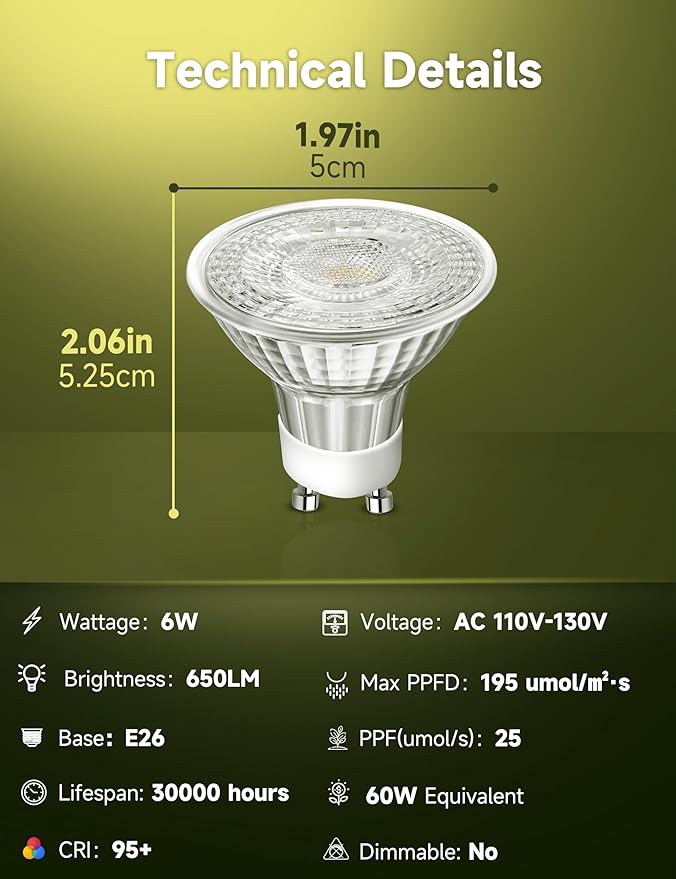 6W LED GU10 Grow Light Bulb Natural White 4000K Full Spectrum Plant Light for Indoor Plants E26 Base 6 Pack