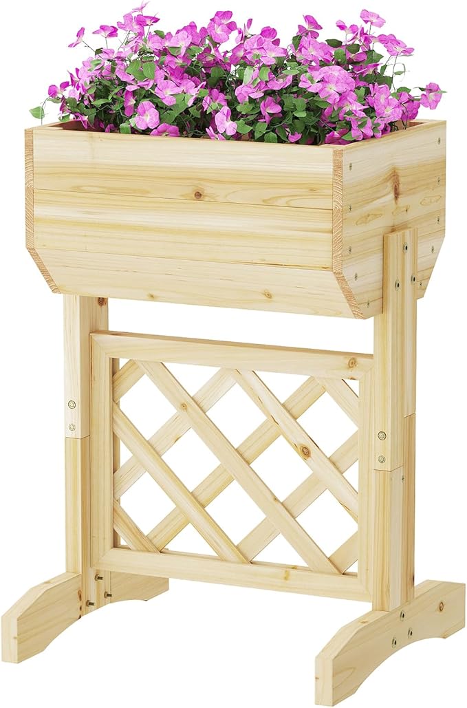 Raised Garden Bed with Diamond Lattice TrellisWood Planter Box Stand for Backyard Patio BalconyOutdoors (Natural)