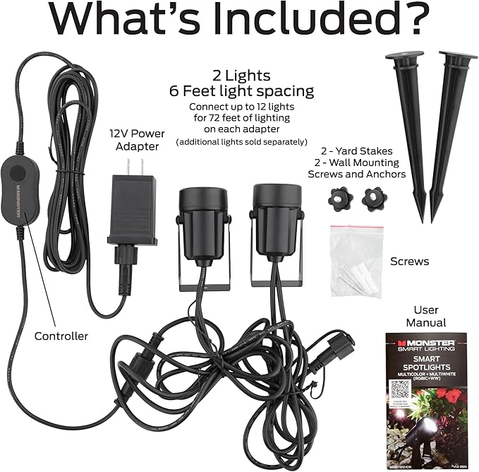Monster Smart Outdoor RGB+IC+WW Spotlights 2 Pack Dimmable LEDs Sound Reactive IP44 Water &amp Weather Resistant Compatible with Alexa Siri Google Home Monster App Razer Chroma Voice Control
