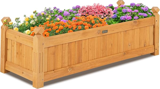 Giantex Raised Garden Bed Wooden Planter with Drainage Holes Rectangular Plant Box for Vegetables Flowers Herbs Fruit Growing Raised Container for Garden Patio Balcony Easy Assembly