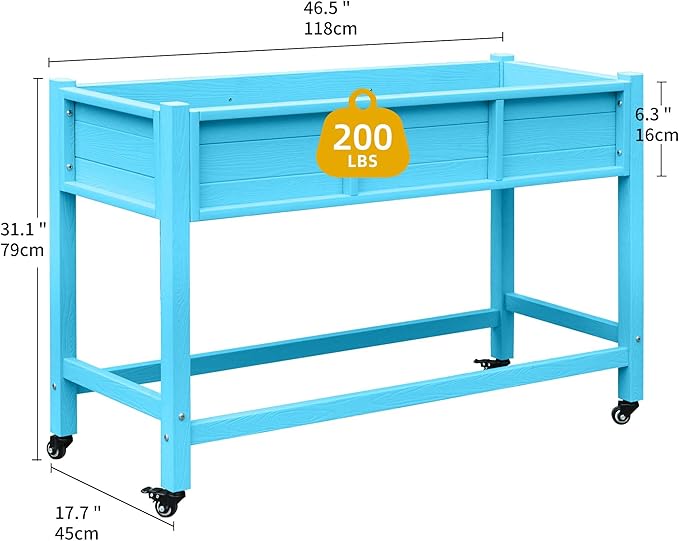 DWVO 47x18x31in Raised Garden Bed HDPE Weather-Resistant Poly Wood Planter Box Stand Planter Box with Legs &amp Lockable Wheels Elevated Garden Bed for Backyard Patio Balcony - Aruba Blue