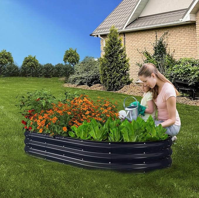 Raised Garden Bed 6x3x1ft Galvanized Outdoor Planter Beds with Safety Edging and Gloves Oval Metal Planter Box for Gardening Vegetables Flowers Herb-Midnight Blue