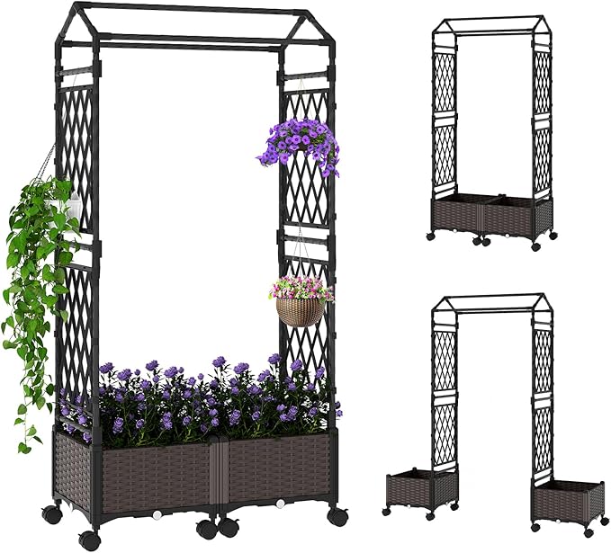 Giantex Planter Boxes with Arch Trellis 5FT Self-Watering Tall Raised Garden Bed w/Wheels Hanging Roof &amp Drainage Holes Outdoor Indoor Tomato Planter for Climbing Vines Vegetables (61x16x58)