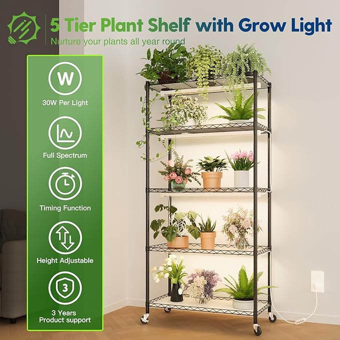 FREELICHT 5 Tier Plant Shelf with 4-Pack 2FT 30W LED Grow Lights with Timer+ 2 Pack 4FT 40W Grow Light with Timer Sunlike Full Spectrum Plant Light for Hydroponic Indoor Plant Seedling Veg