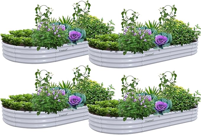4 Pack 8x4x1FT Galvanized Raised Garden Bed Kit Oval Metal Ground Planter Box Outdoor Bottomless Planter Raised Beds for Vegetables Flowers Herbs Fruits Gray