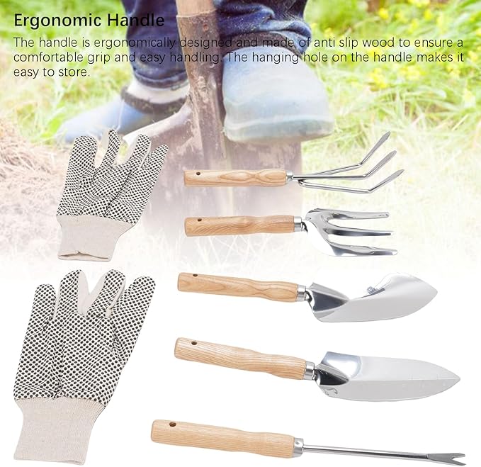 Garden Hand Tools Set Includes Heavy Duty Stainless Steel Shovel Trowel Puller Hand Fork Rake with Canvas Gloves Garden Weeder Fork with Wood Handles for Growing Vegetables