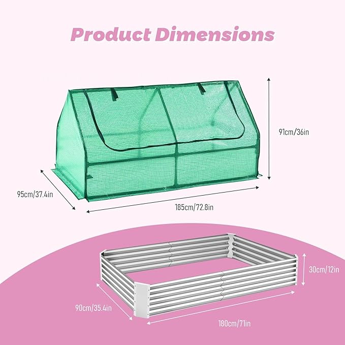 6x3x1ft Galvanized Raised Garden Bed with Greenhouse Cover Reinforced Metal Planter Box with Zippered Windows Outdoor Gardening Kit for Vegetables Flowers Plants (Green)