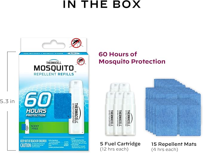 Thermacell Mosquito Repellent Refills 60-Hour Pack Contains 15 Repellent Mats 5 Fuel Cartridges Compatible with Any Fuel-Powered Thermacell Product No Spray Scent Mess
