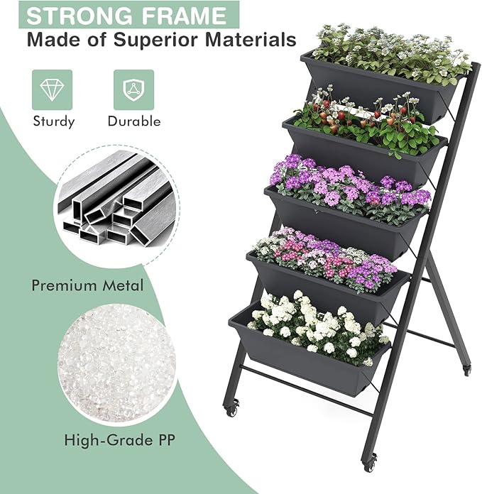 Vertical Garden Bed with Wheels 5 Tier Raised Garden Bed w/Removable Planter Boxes Lockable Wheels Drainage Holes Rolling Vertical Planter for Herb Vegetable Flower Outdoor Patio Balcony