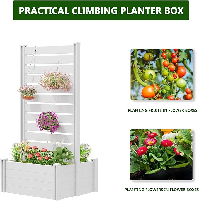Casaphoria Raised Garden Bed with Trellis 71x35x24 Planter Box with Open Bottom for Gardening Vegetables &amp Vines and Climbing Plants White