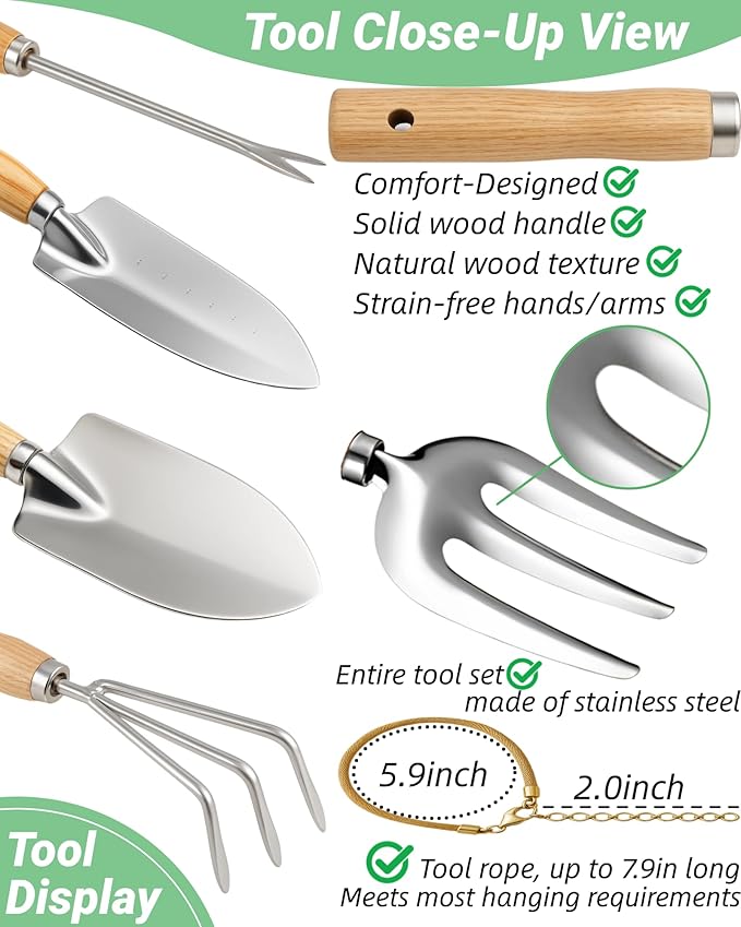 Garden Tool Set Stainless Steel Gardening Hand Tools Gardening Supplies Kit Garden Tools with Fashion and Durable Storage Bag Ideal Gifts for Women Men (13 Pieces)