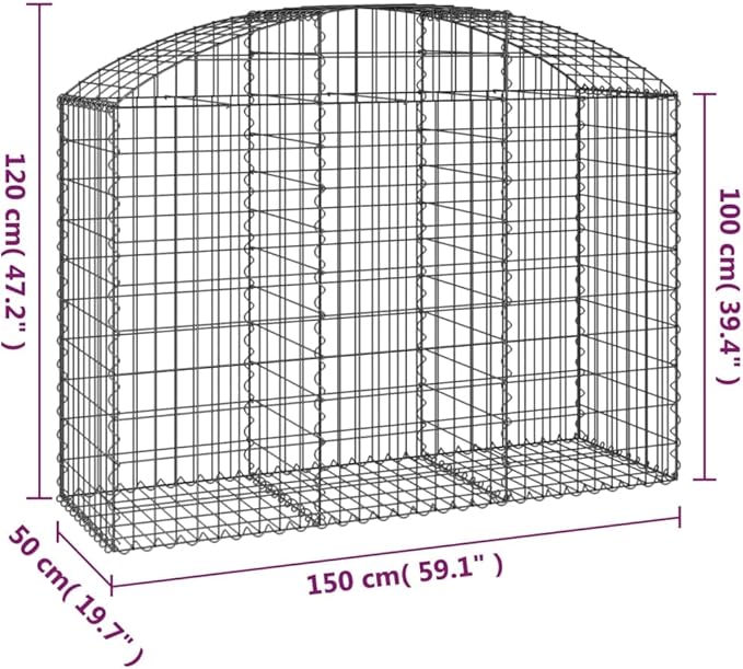 Gabion Basket Silver Galvanized Iron Large 59.1x19.7x47.2 Inches Durable Crescent Shape for Outdoor Retaining Wall Sound Absorption Garden Bed