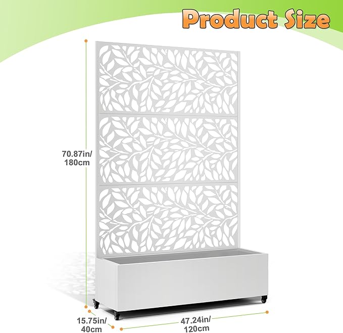 Metal Raised Garden Bed with Trellis 2 in 1 Trellis with Planter Box &amp Privacy Screen for Climbing Plants Vine Outdoor Standing Flower Beds with Drainage Holes47.2 L x 16.7 W x 70.8 H(Whit