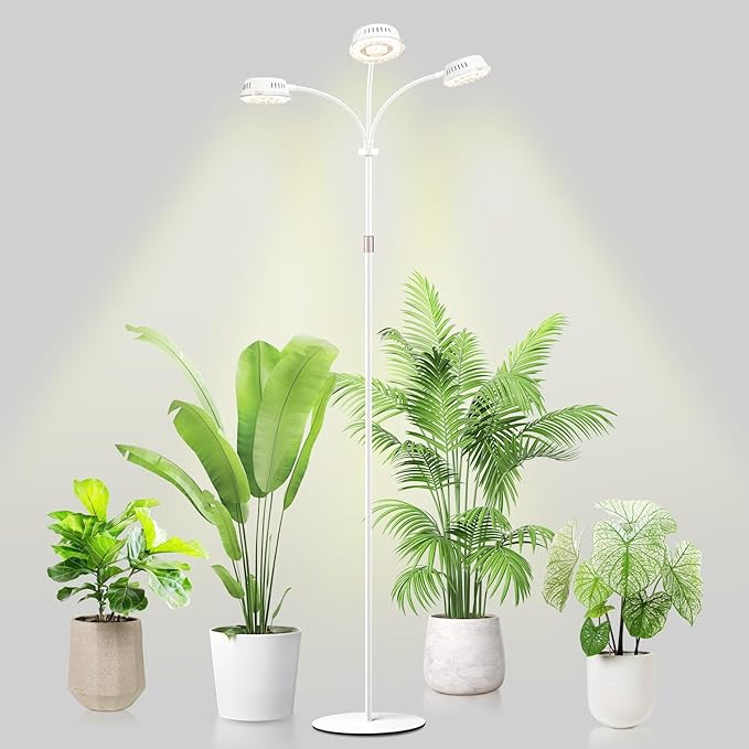 LORDEM Full Spectrum Plant Light for Indoor GrowingTri-Head Grow Light with Stand for Large PlantsAuto ON/Off Timer 6/8/12/16H 5 Dimmable Levels 20-70 inches Adjustable Height