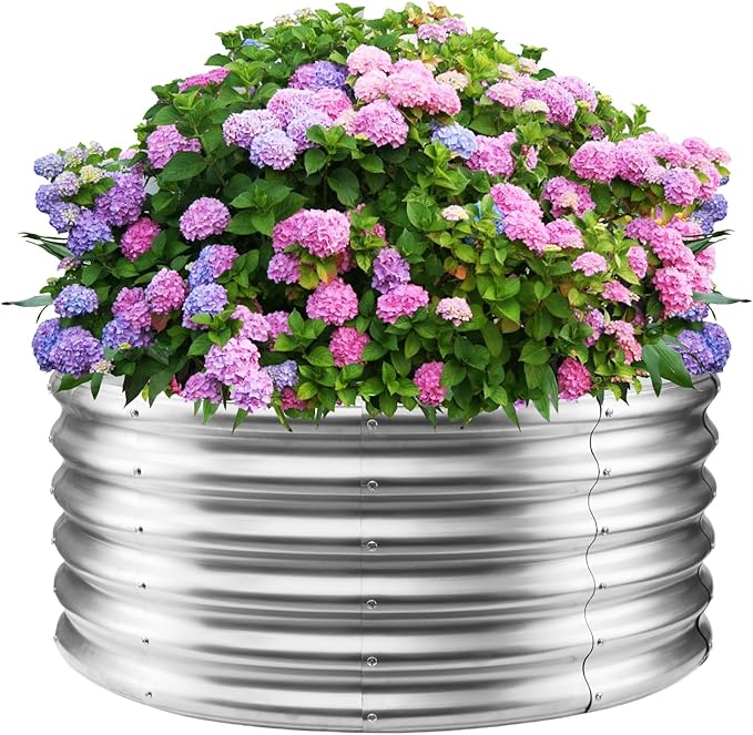 17 Tall Round Outdoor Garden Raised Garden Bed Kits-0.8MM Thick Metal Raised Planter Bed/Ground Planter Box for Variety of FlowersHerbsVegetablesTrees (Silver 40 Dia X 16.5 inches)