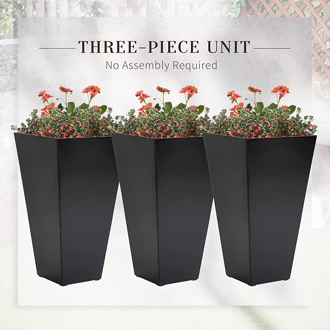 Set of 3 Tall with Drainage Hole 28 Outdoor Flower Pots Indoor for Porch Patio and Deck Black