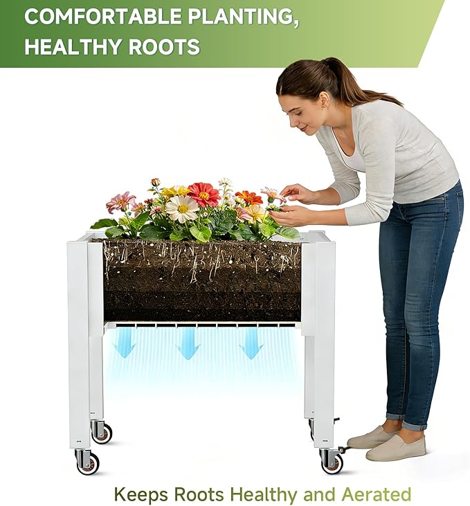 Miory Raised Garden Bed with Wheels Mobile Raised Planter Elevated Garden Bed with Water Level Monitor and Drainage System Planter Box for Garden Outdoor Patio Balcony