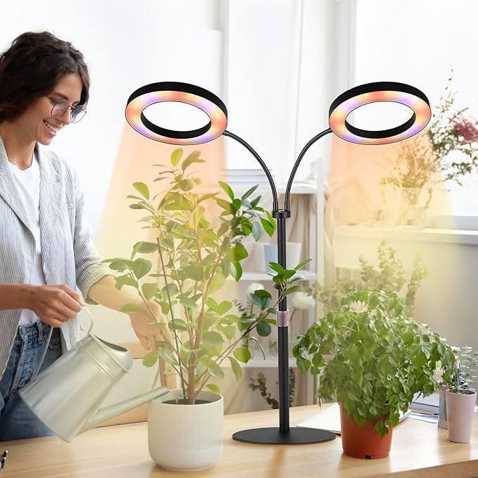 Dual-Head Grow Lights for Indoor Plants LED Full Spectrum Plant Lamp with Timer 3/9/12H 10 Dimmable Levels Flexible Gooseneck Height Adjustable 14-23 for House Plants &amp Seedlings