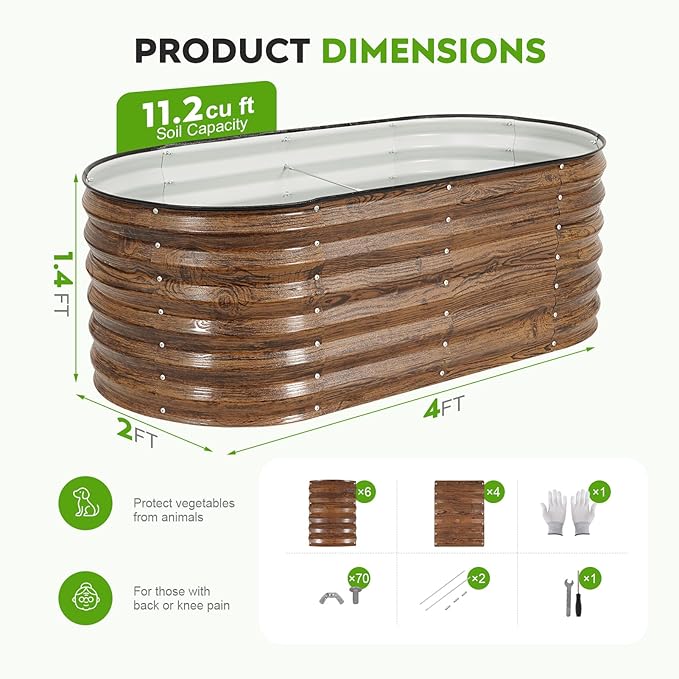 ZORMY Galvanized Raised Garden Bed Outdoor- 2PCS 4x2x1.4ft Oval Steel Raised Beds for Gardening Metal Planter Box with Protective Strip and Gloves for Vegetables Flowers Fruits(Brown)