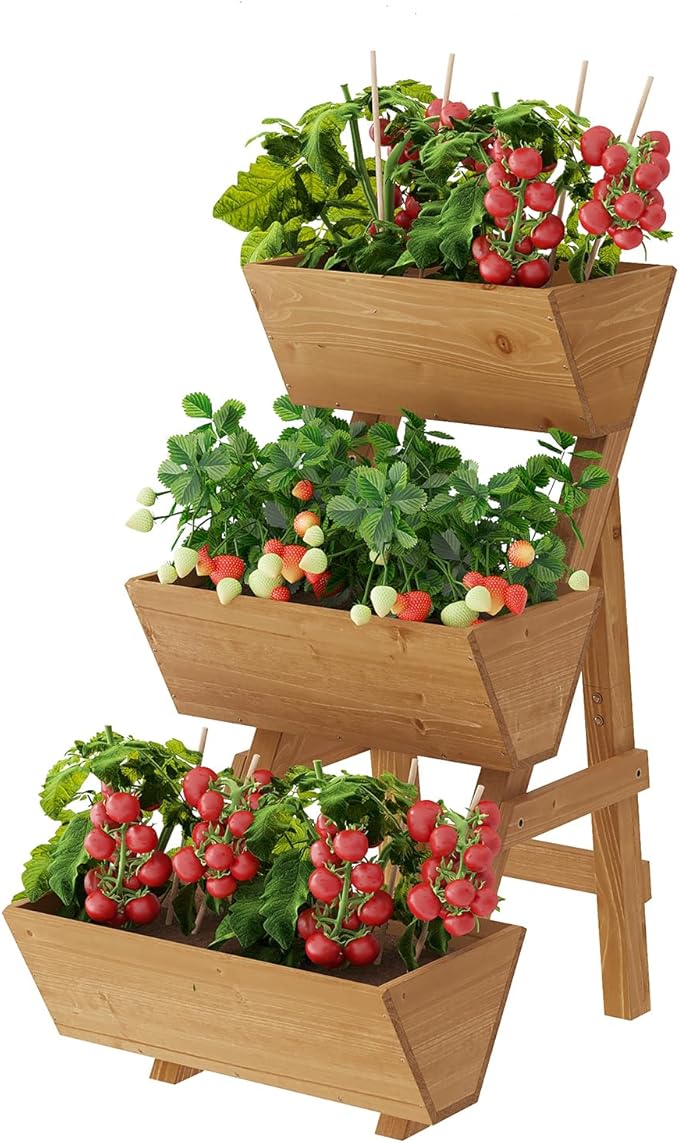 3-Tier Wooden Vertical Raised Garden Bed with Legs Tiered Planter Box Vertical Garden PlanterWood Plant Stand Wood Flower Rack for Patio Balcony Freestanding. (Brown-Small)