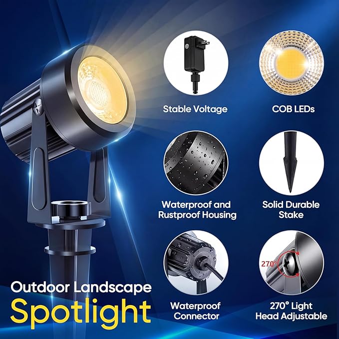 6W Low Voltage Landscape Spot Lights 12V/24V 3000K Warm White IP65 Waterproof Outdoor Uplights with Connectors 600LM Aluminum LED Garden Path Tree Wall Lighting 4 Pack