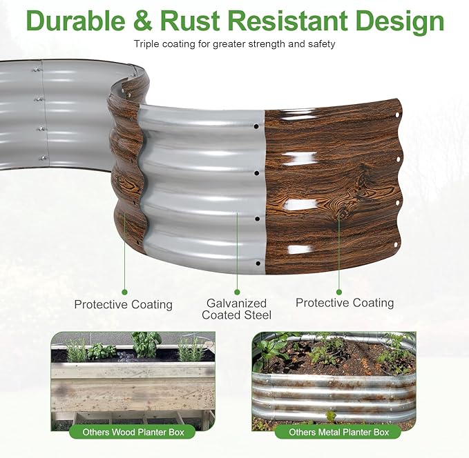 Galvanized Raised Garden Bed- 2Pcs Metal Planter Boxes Outdoor | 12 Tall 24 Round Steel Raised Bed Kit &amp Fire Pit Ring for Gardening with Protective Tape for Vegetables (Wood Grain)