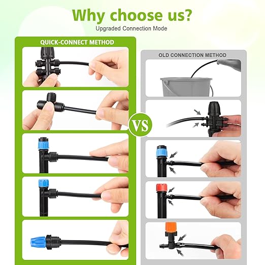 230FT New Quick-Connect Drip Irrigation System Kit Automatic Garden Watering Misting System for Greenhouse Yard Lawn Plant with 1/2 inch Hose 1/4 inch Distribution Tubing and Accessories