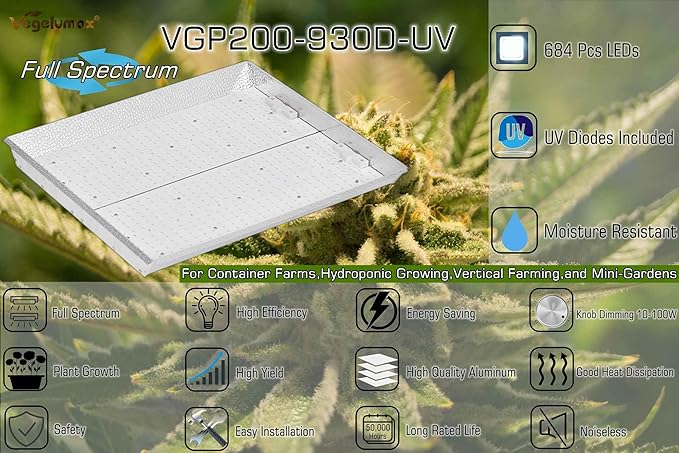 VGP2000 LED Grow Light with UV IR Diodes Actual 200 Watt 3x3 4x4ft Coverage Sunlike Full Spectrum Led Growing Lamp Driver Dimmable for Indoor Plant Seedling Veg Bloom Hydroponics Greenhouse