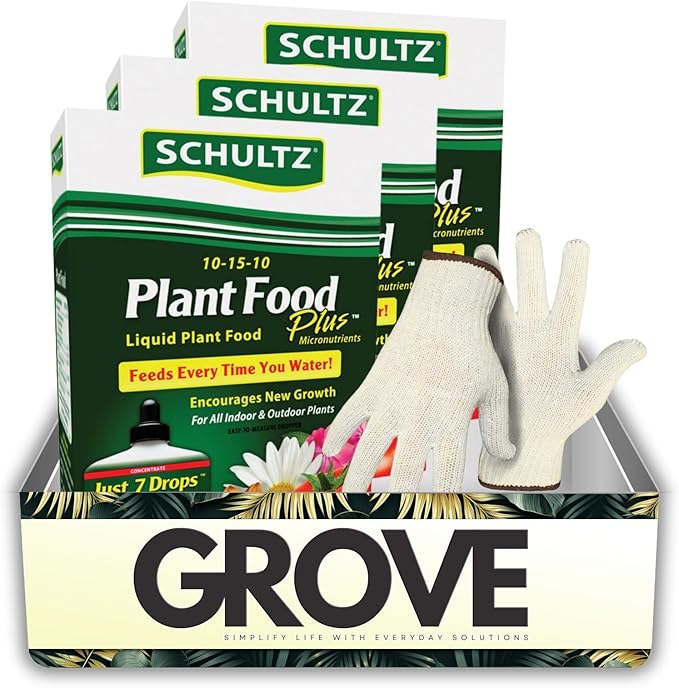 3X Schultz Plant Food Plus Liquid Plant Food 8 oz Bundle with Work Gloves – Liquid Nutrients for Indoor Potted Plants and Houseplants – Gift Set (4 Items)