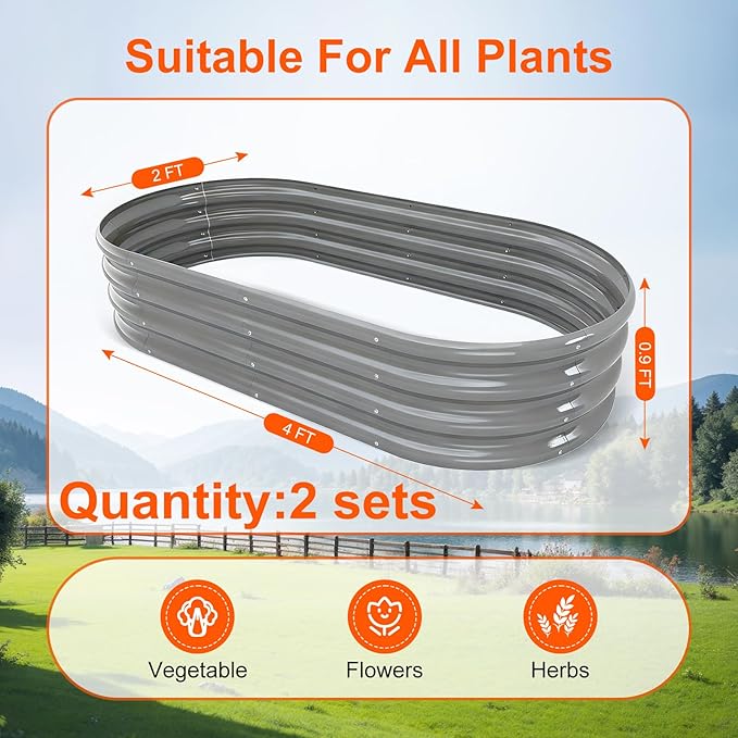 Raised Garden Bed Outdoor 2 Sets Oval Large Coating Metal Planter Box with No Heavy Metal for Vegetables Flowers Herbs