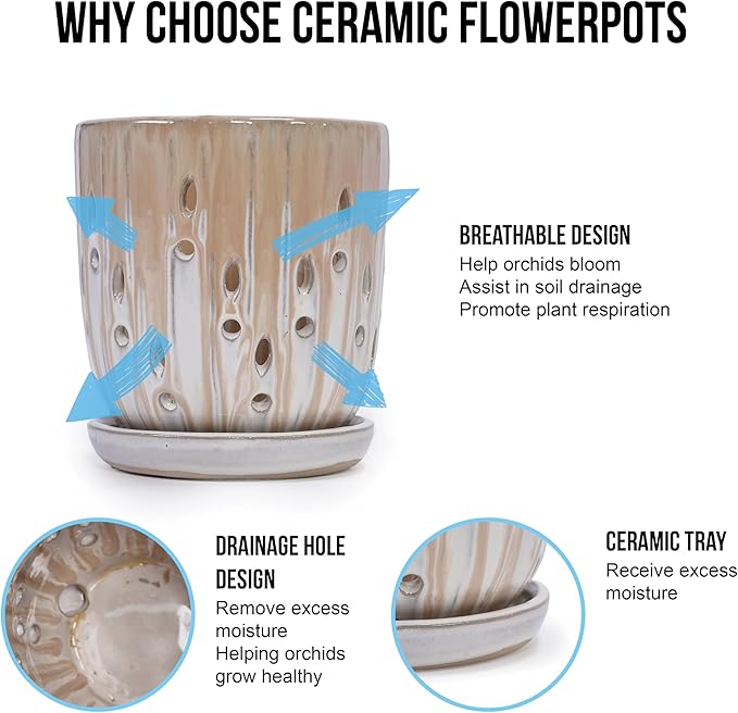 Handmade Ceramic Planter Set of 2 8 6 Diameter Beige with Vertical Stripes Oval Holes for Orchids Herbs IndoorOutdoor Shelf Table Use Breathable Clay