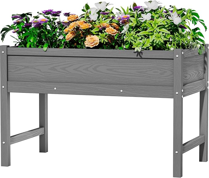 HDPE Raised Garden Bed with Legs Outdoor All-Weather Elevated Planter Box Raised Beds for Seeds Herb Flower Vegetable (Grey)