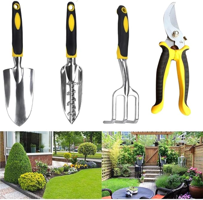 5-Piece Garden Tool Set Heavy Duty Aluminum Gardening Tools with Pruner Trowel Transplanter Hand Rake &amp Gloves Floral Design Ergonomic Handle - Perfect Gardening Gift for Women