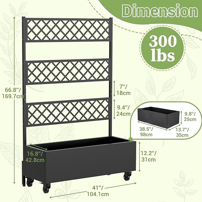 Metal Planter Box with Trellis Privacy Screen 67x41x16 Raised Garden Bed with Trellis Privacy Planter Boxes with Planting Bag &amp Lockable Casters for Climbing PlantsVegetablesand Vines