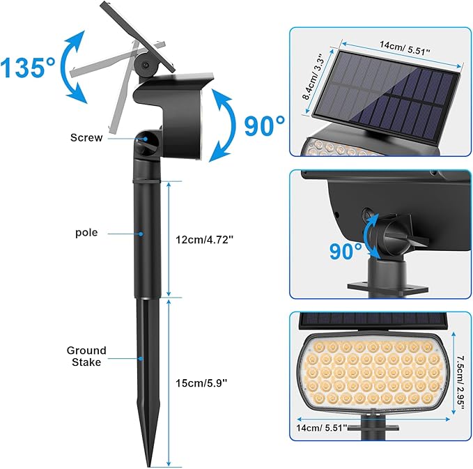 108 LED Solar Spot Lights Outdoor Solar Lights Outdoor IP65 Waterproof 3 Modes Solar Landscape Spotlights Large Solar Powered Panel Lights for Garden Yard Pathway(Warm White/6 Pack)