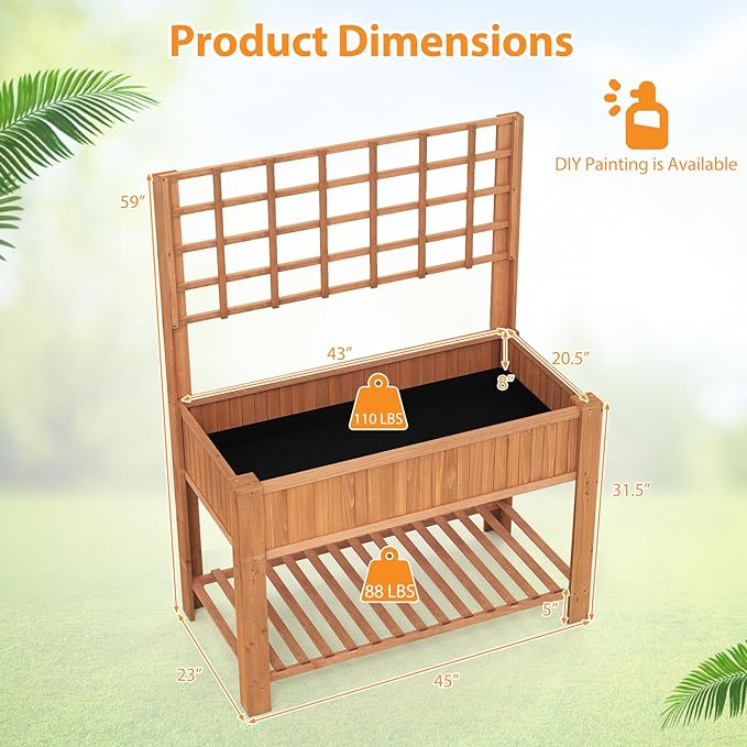 Giantex Raised Garden Bed with Trellis Wooden Elevated Planter Box with Legs Drainage Holes for Climbing Plants Vines Vegetables Flowers Herbs Outdoor Horticulture Planter for Patio Yard (Brown)