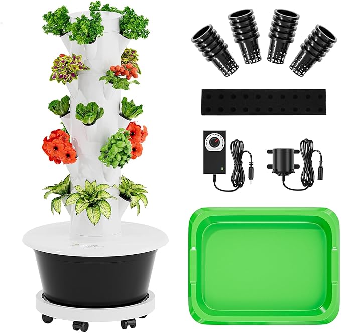 SPECILITE Hydroponics Growing System Kit Movable Hydroponic Tower with 5 Tiers 20 Pods Vertical Indoor &amp Outdoor Gardening System with Pump &amp Timer for Vegetables Fruits Herb