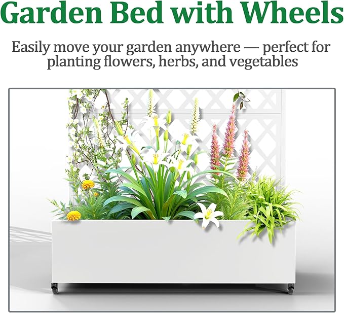 Metal Raised Garden Bed with Trellis and Wheels 2 in 1 Trellis with Planter Box &amp Privacy Screen for Climbing Plants Outdoor Standing Flower Beds with Drainage Holes 35.4L x 15.7W x 70.9H W